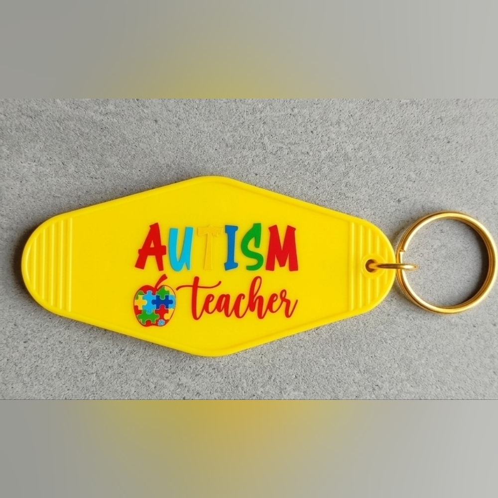 Yellow Autism Teacher Motel Style Key Tag Keychain